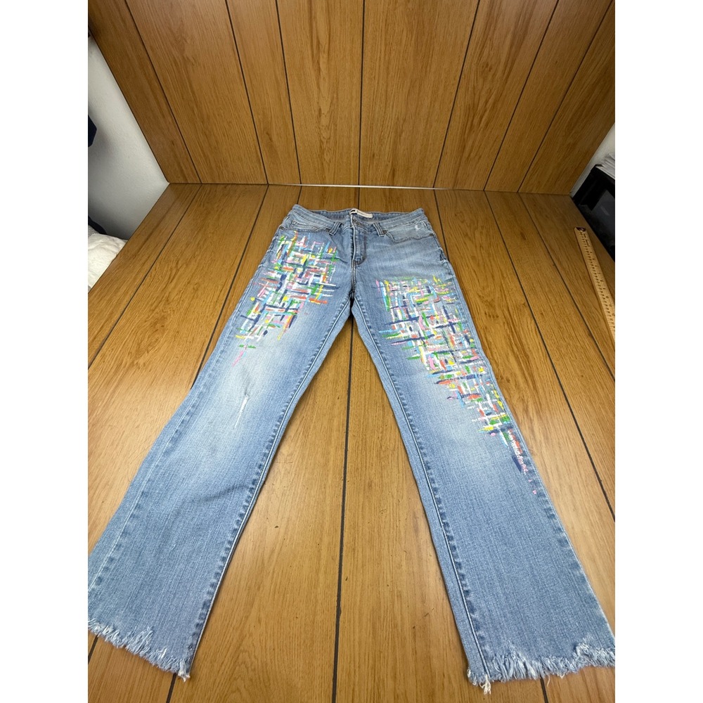 Levis Mid Rise Skinny Jeans Hand Painted Frayed Hem‎ Denim Blue Size 30x24